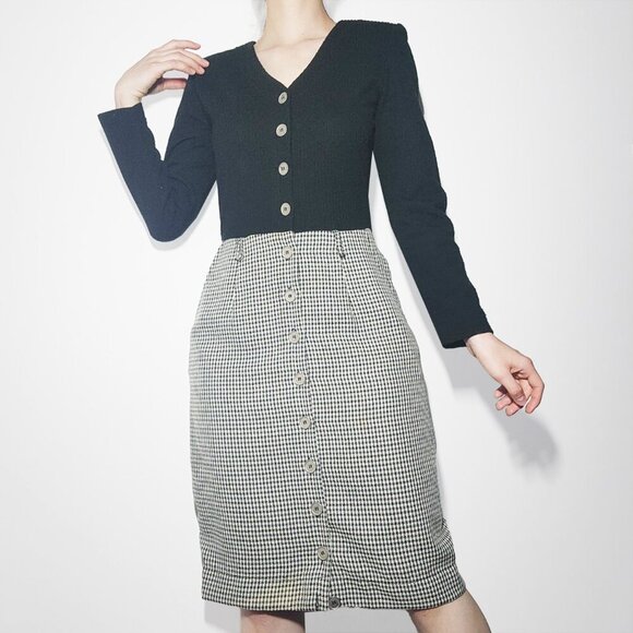 Vintage 90s officecore elegant black & grey houndstooth teacher secretary dress - Picture 14 of 14
